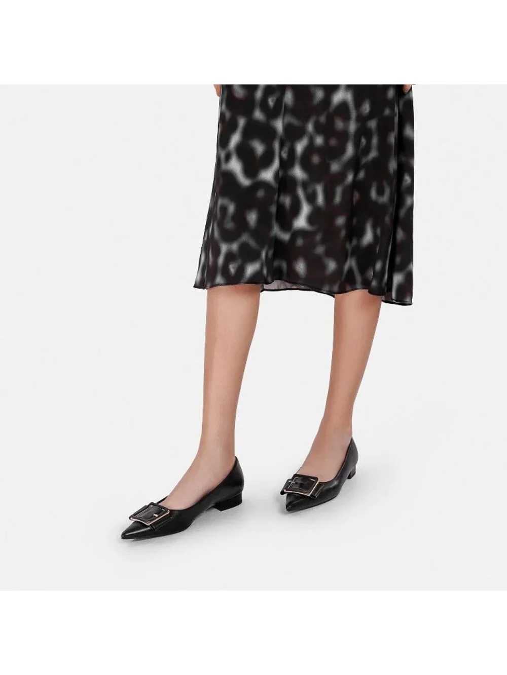 Women's Black Pointed Toe Square Buckle Flats Elegant Slip-On Comfortable Shoes
